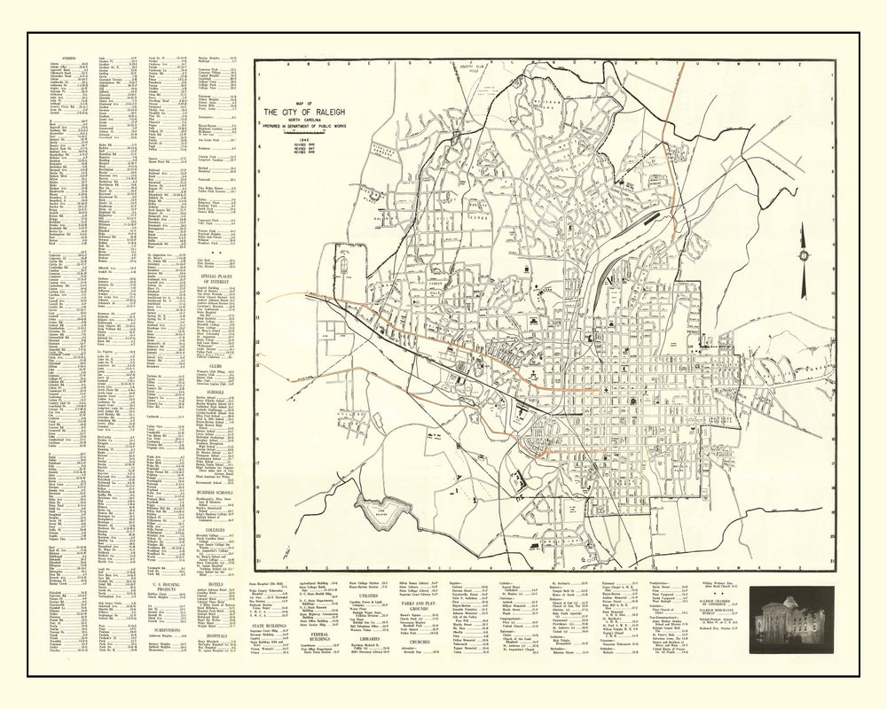 Vintage Map of Raleigh, North Carolina 1948 print style example
