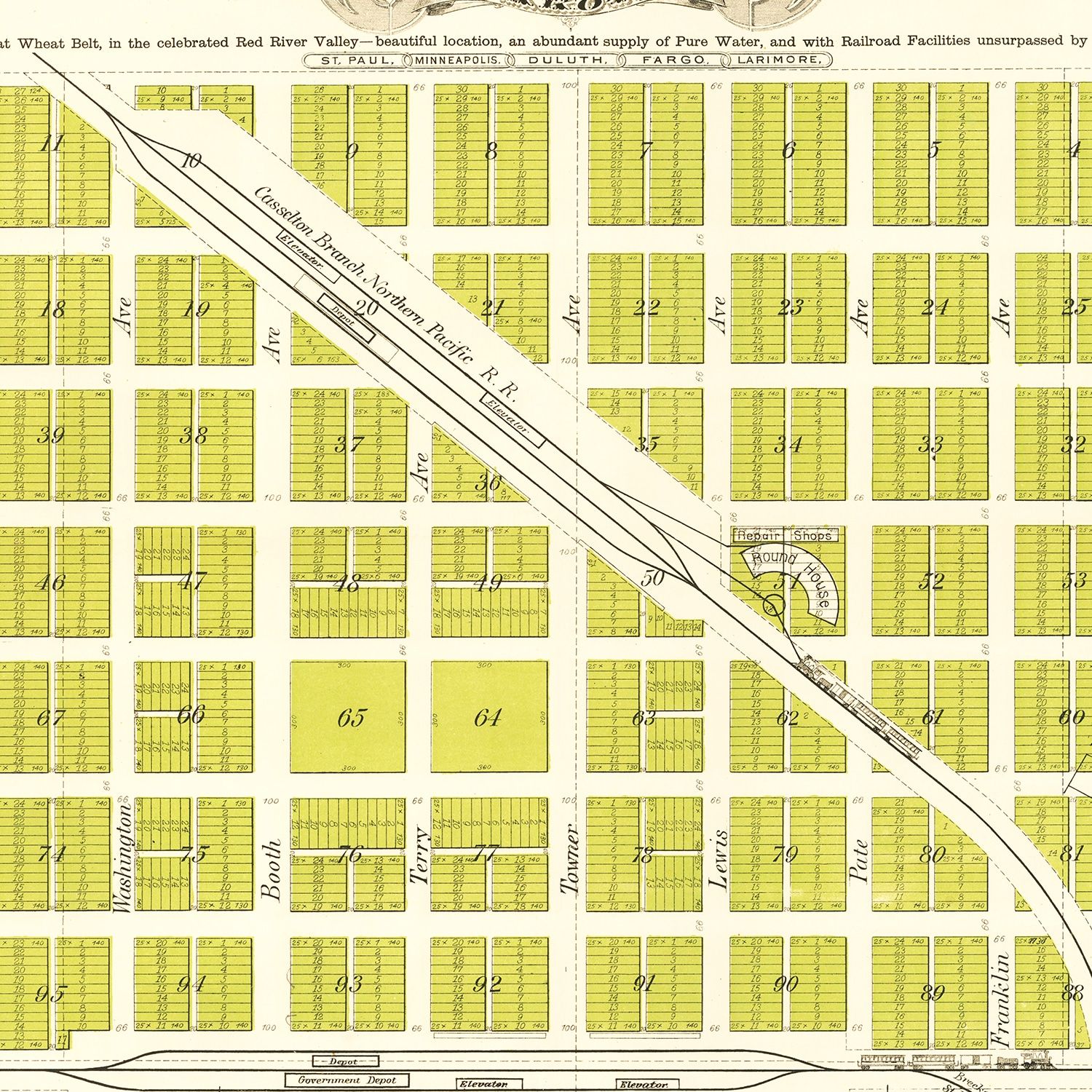 Restored historic details from the 1882 city map of Grand Forks, North Dakota