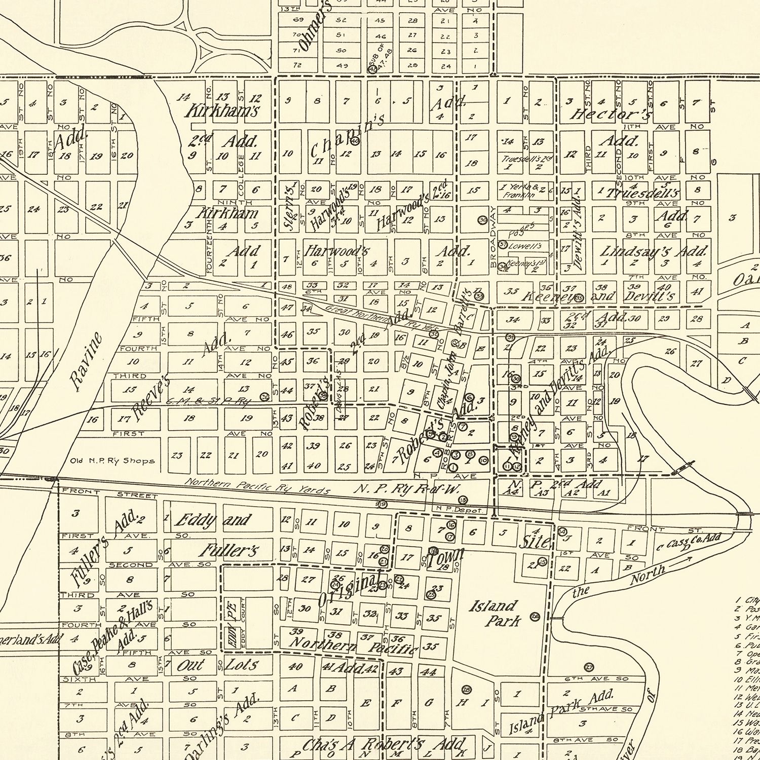 Restored historic details from the 1910 city map of Fargo, North Dakota