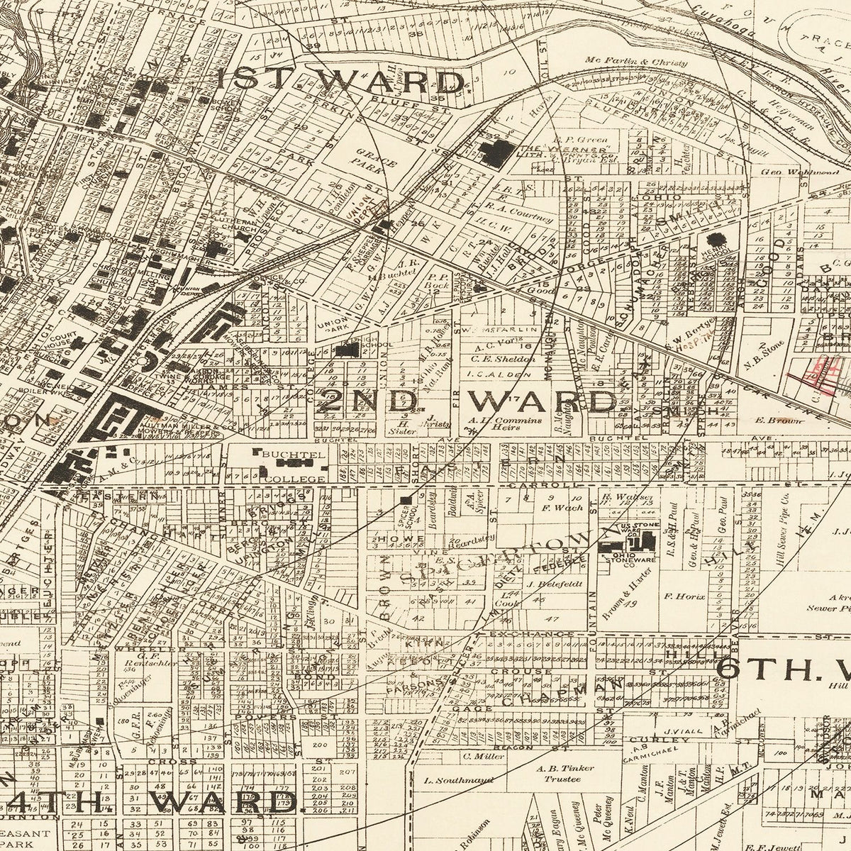 Restored historic details from the 1889 city map of Akron, Ohio