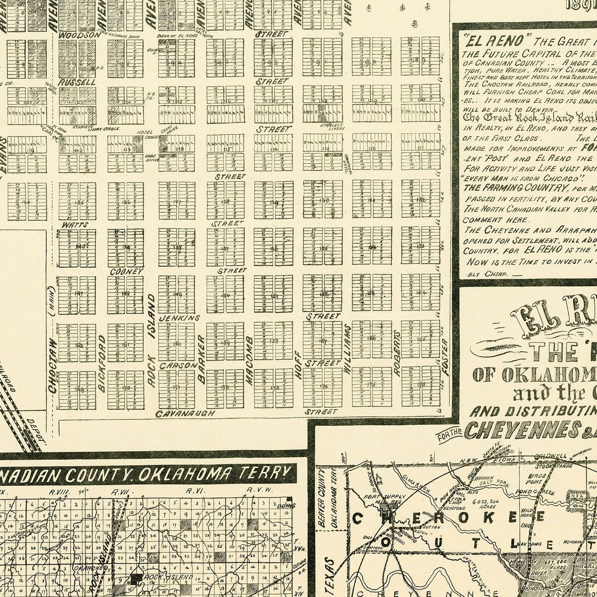 Restored historic details from the 1891 city map of El Reno, Oklahoma