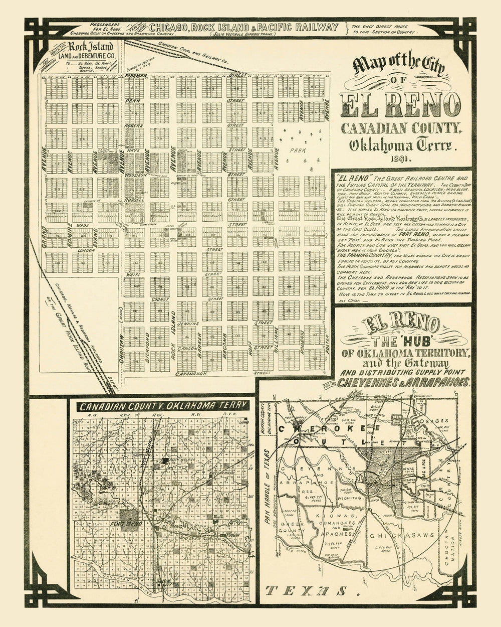Vintage Map of El Reno, Oklahoma 1891 print style example