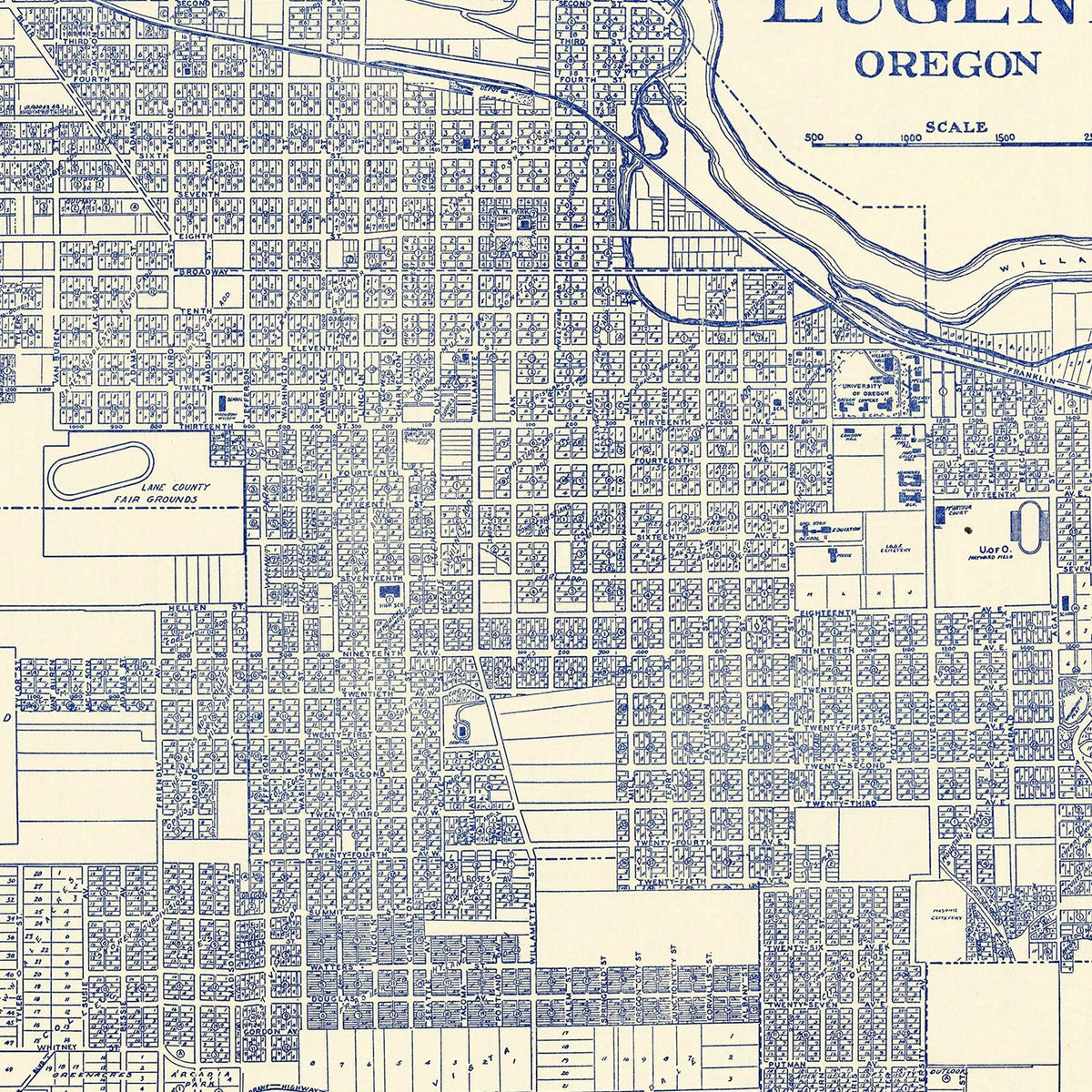 Restored historic details from the 1920 city map of Eugene, Oregon