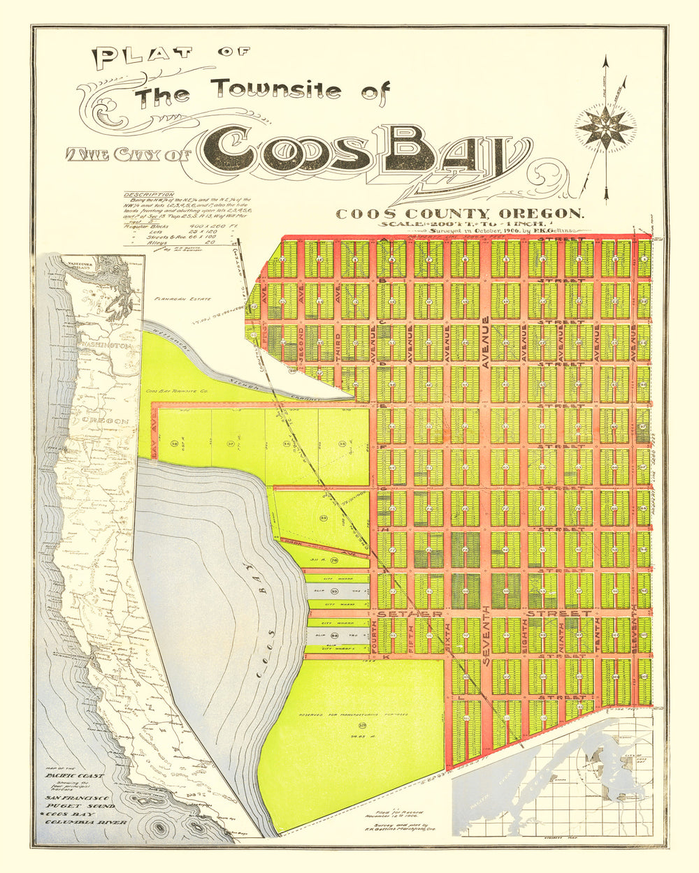Vintage Map of Coos Bay, Oregon 1906 print style example