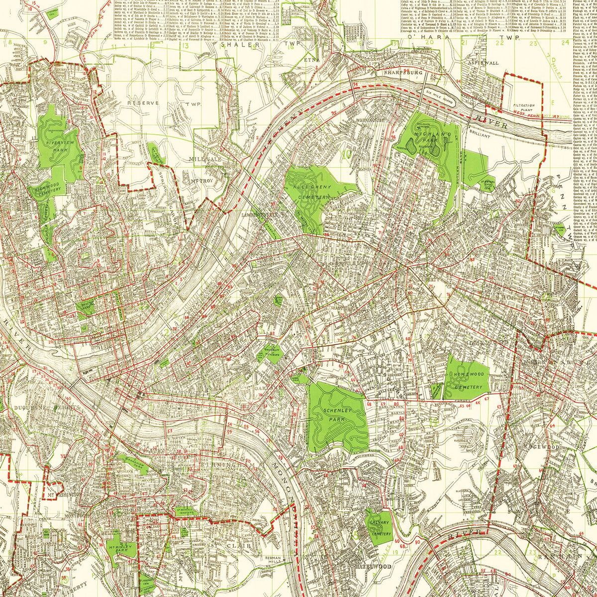 Restored historic details from the 1920 city map of Pittsburgh, Pennsylvania