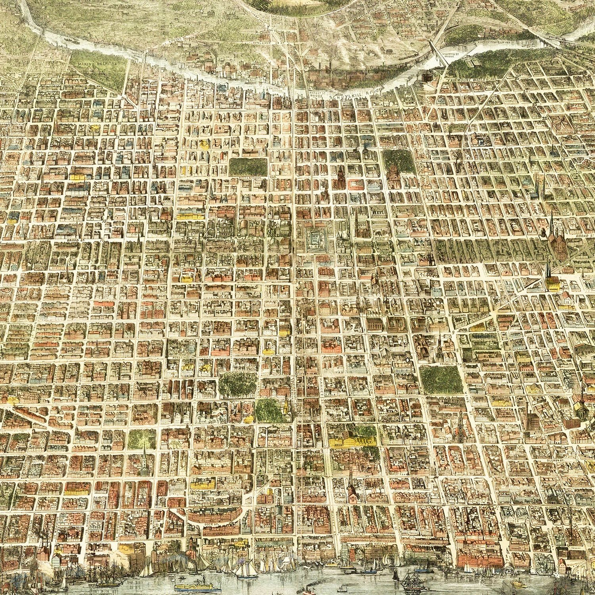 Restored historic details from the 1872 city map of Philadelphia, Pennsylvania