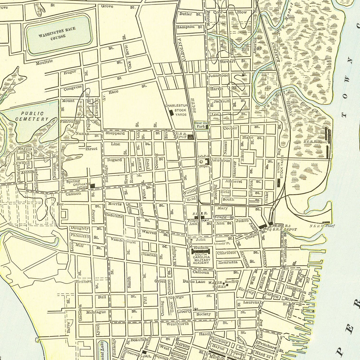 Restored historic details from the 1895 city map of Charleston, South Carolina