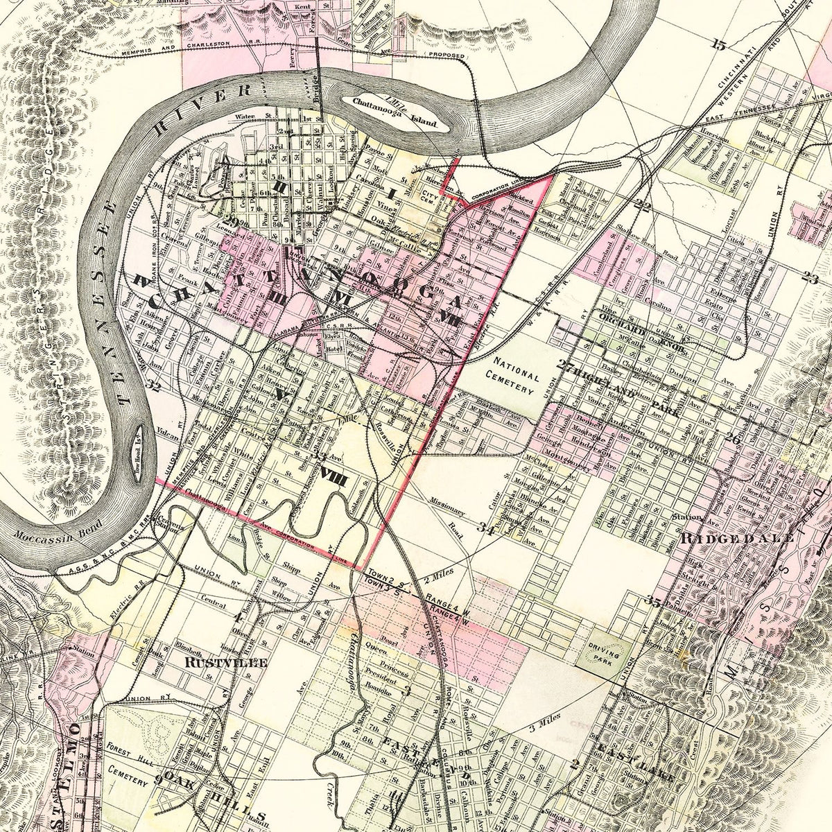 Restored historic details from the 1889 city map of Chattanooga, Tennessee