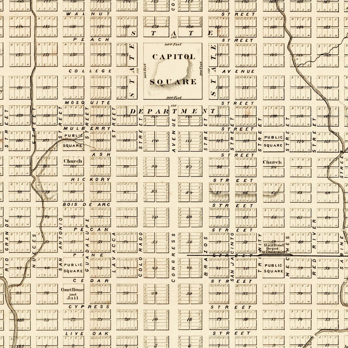 Restored historic details from the 1872 city map of Austin, Texas