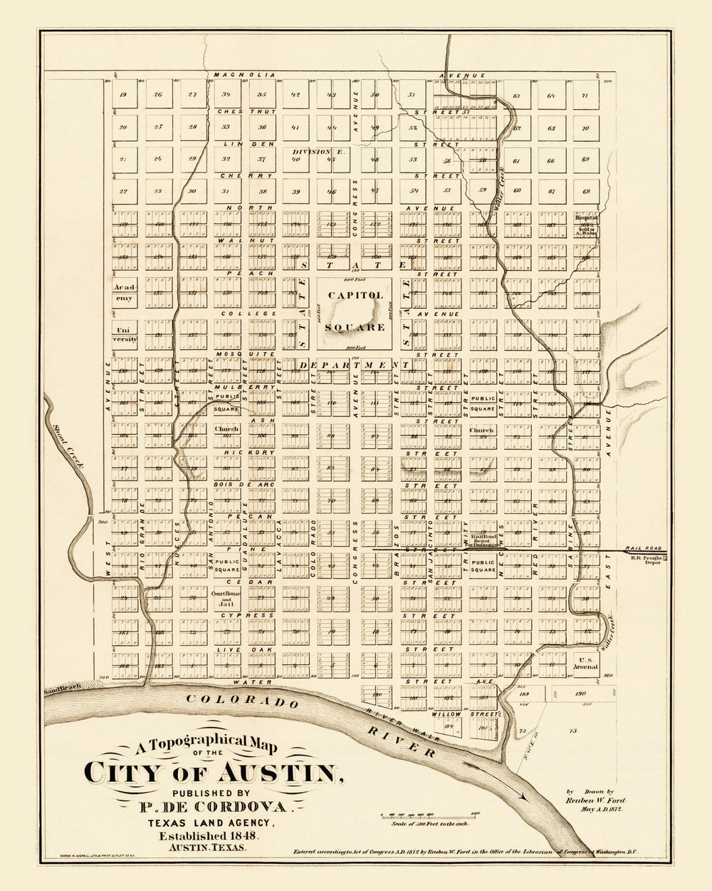 Vintage Map of Austin, Texas 1872 print style example