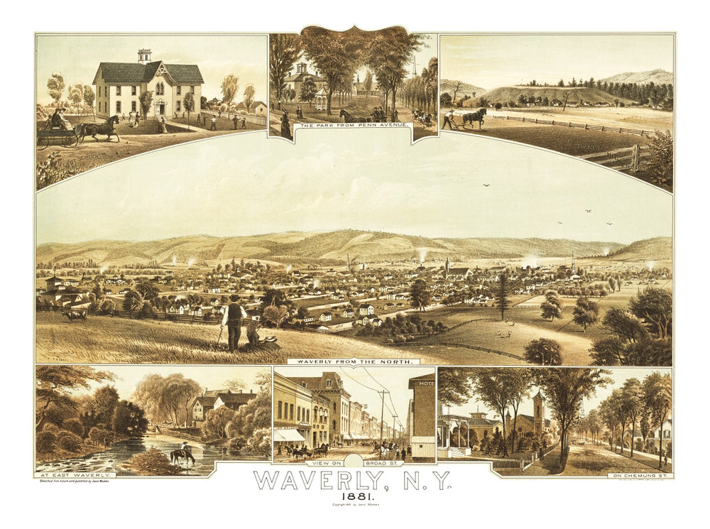 Vintage Map of Waverly, New York 1881 print style example