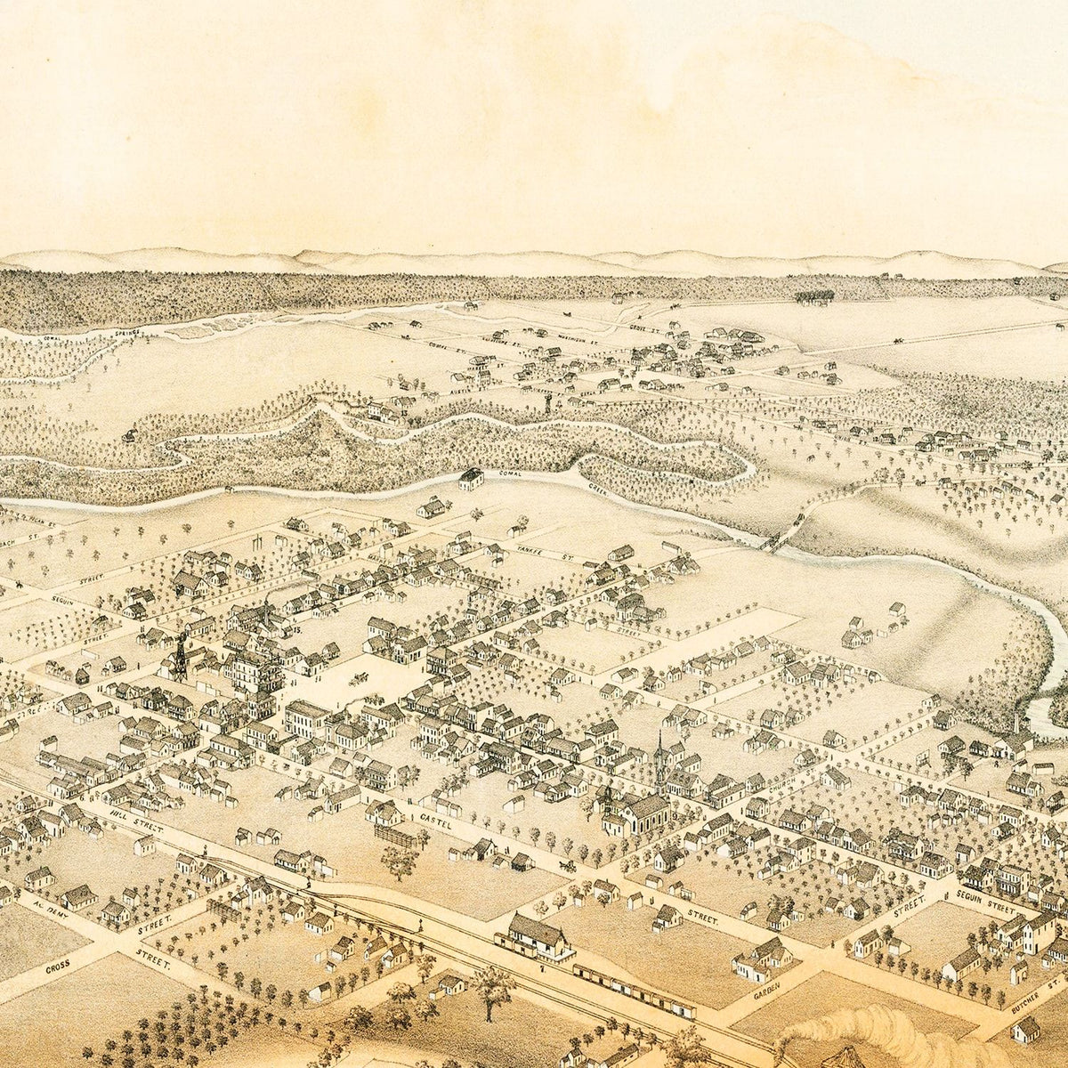 Restored historic details from the 1881 city map of New Braunfels, Texas