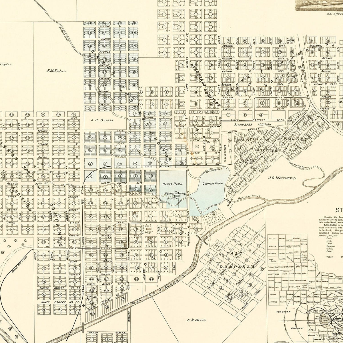 Restored historic details from the 1884 city map of Lampasas Springs, Texas