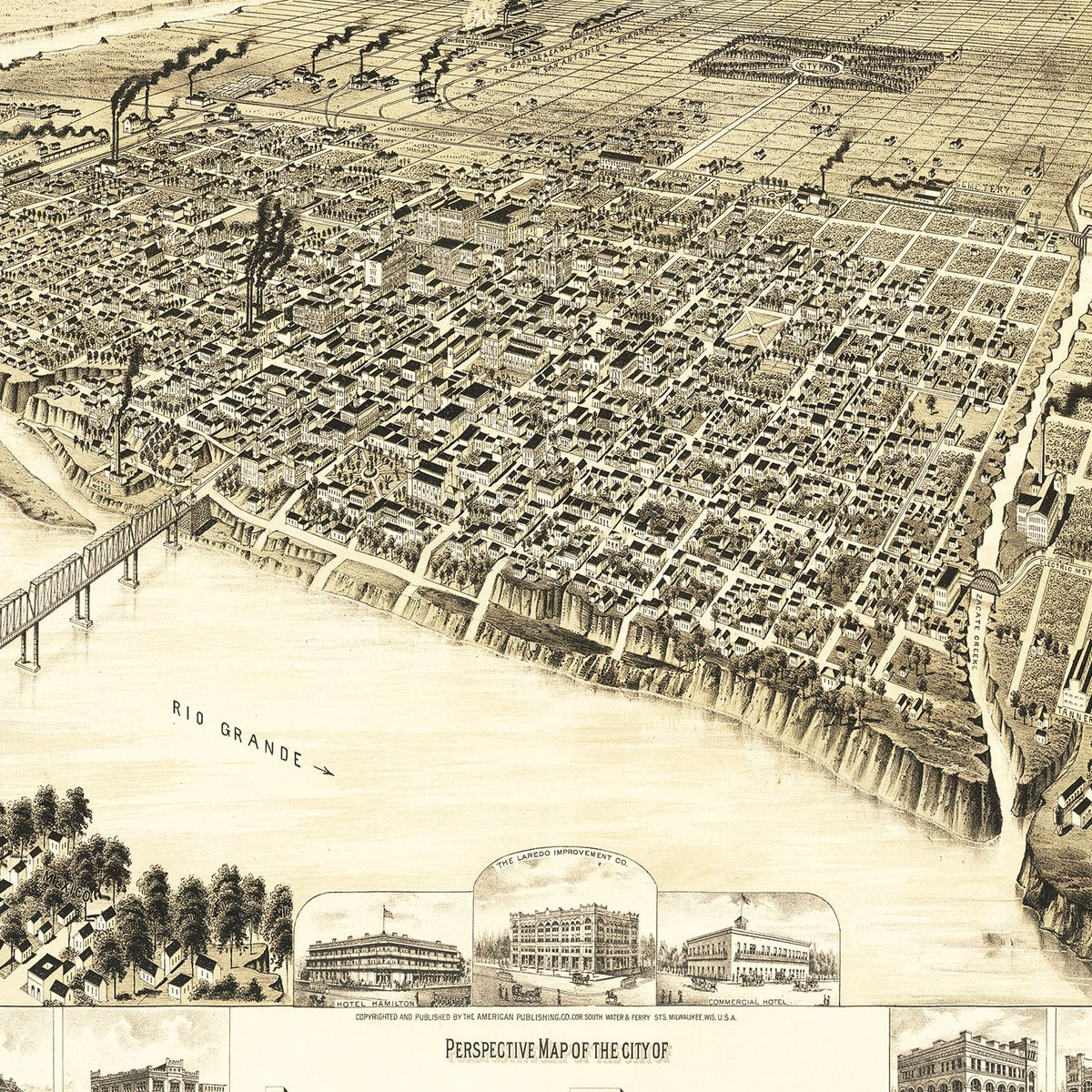 Restored historic details from the 1890 city map of Laredo, Texas