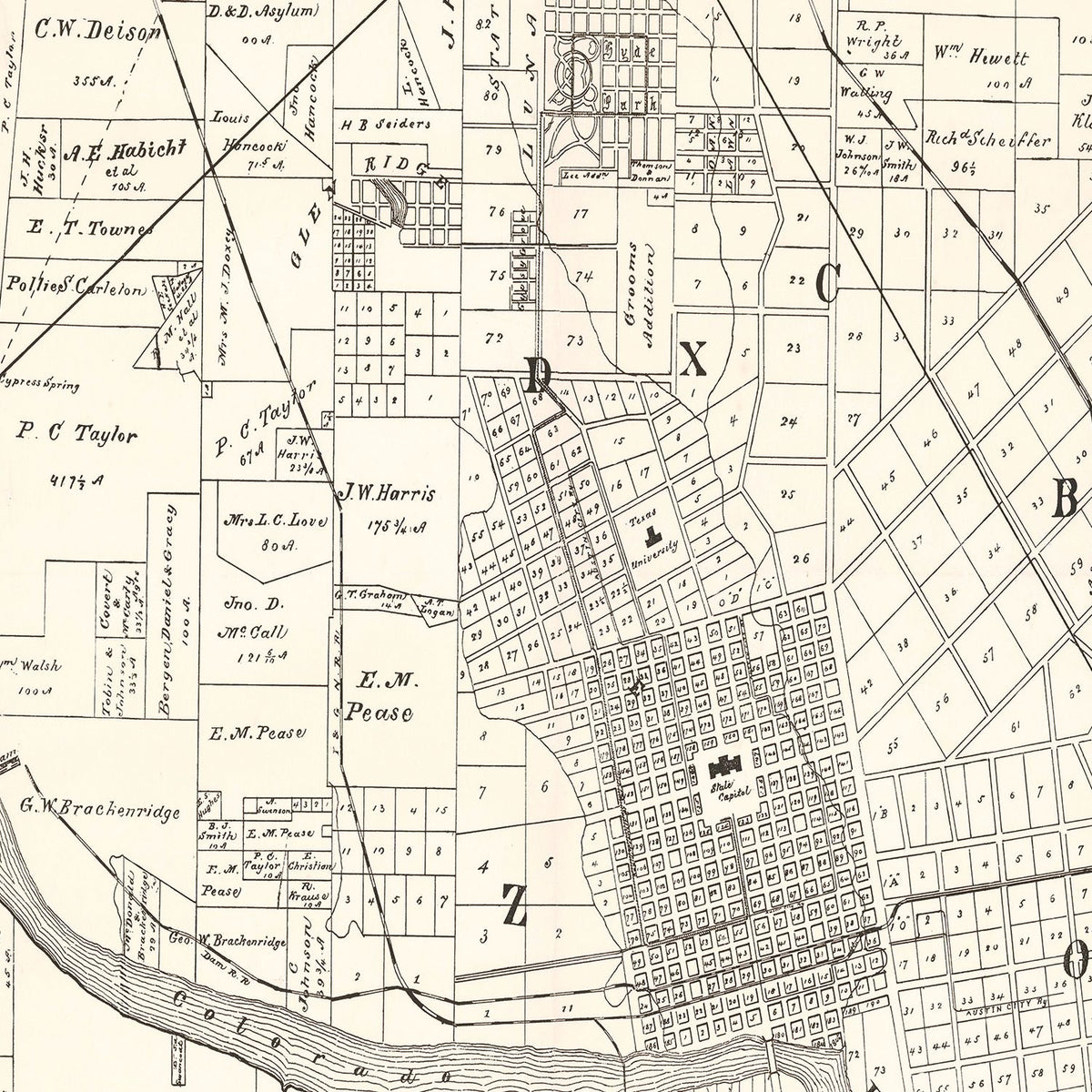Restored historic details from the 1891 city map of Austin, Texas