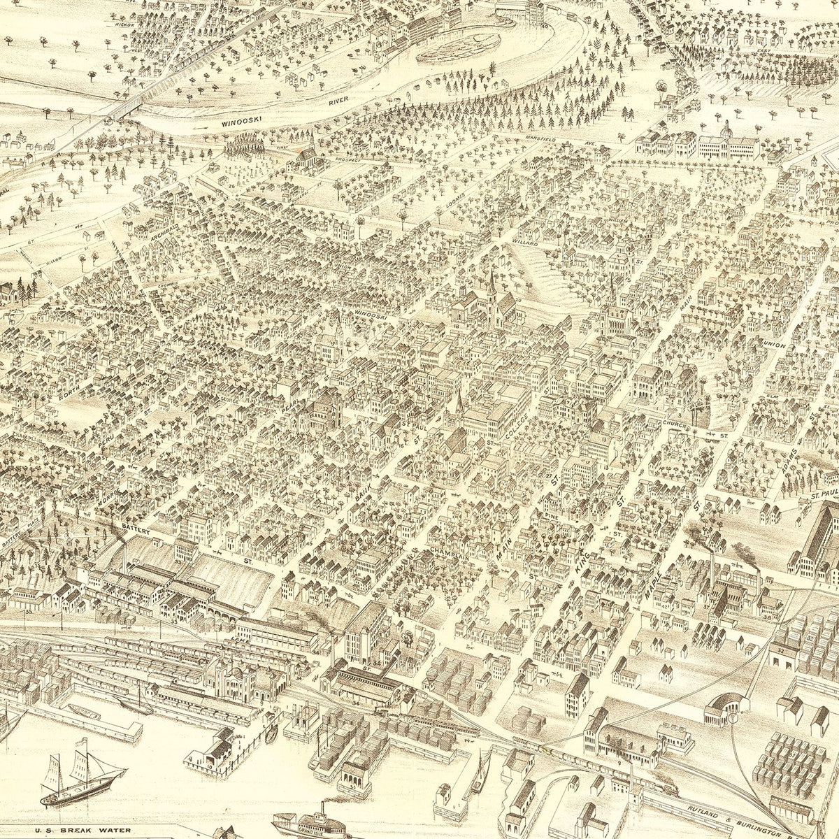 Restored historic details from the 1877 city map of Burlington, Vermont