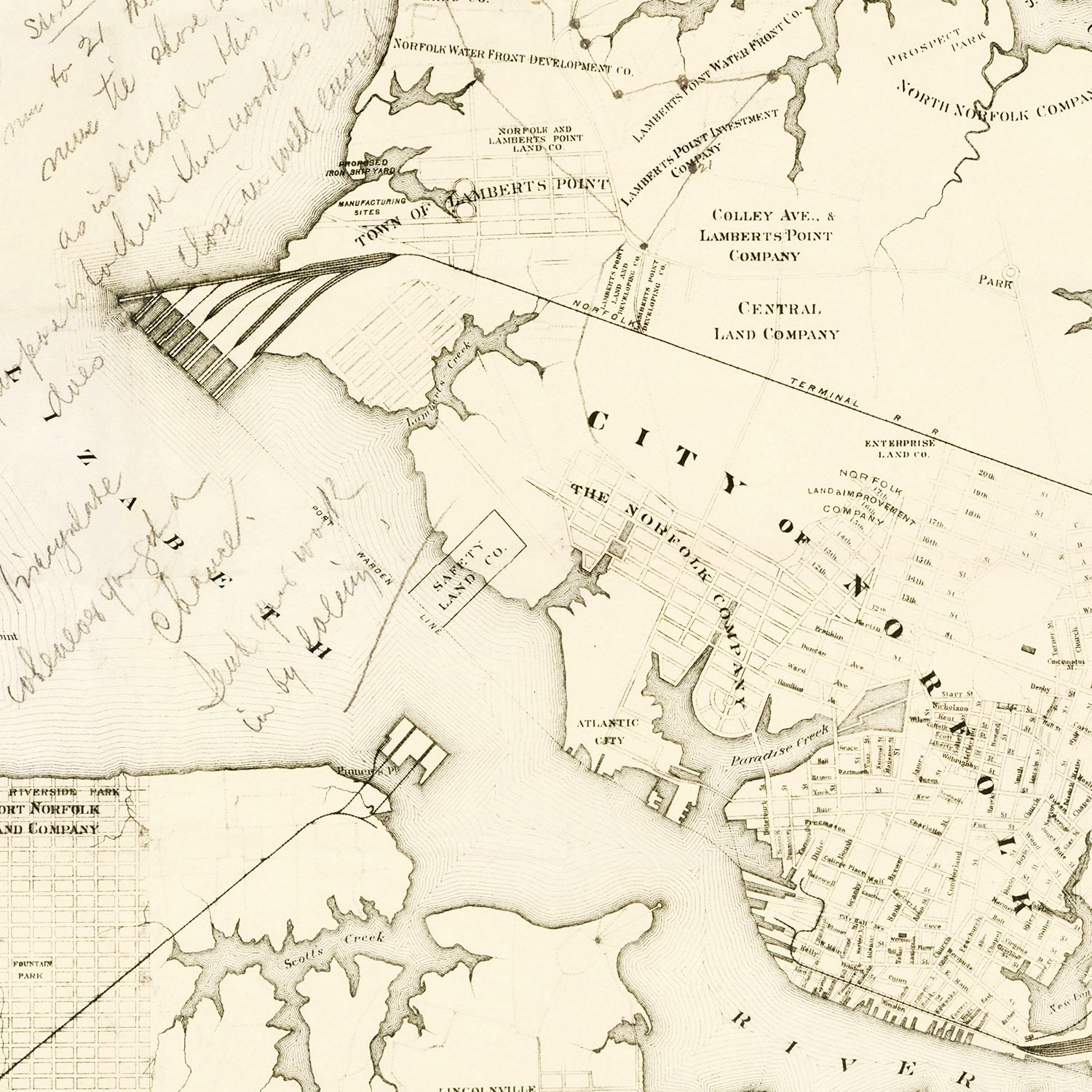 Restored historic details from the 1891 city map of Norfolk, Virginia
