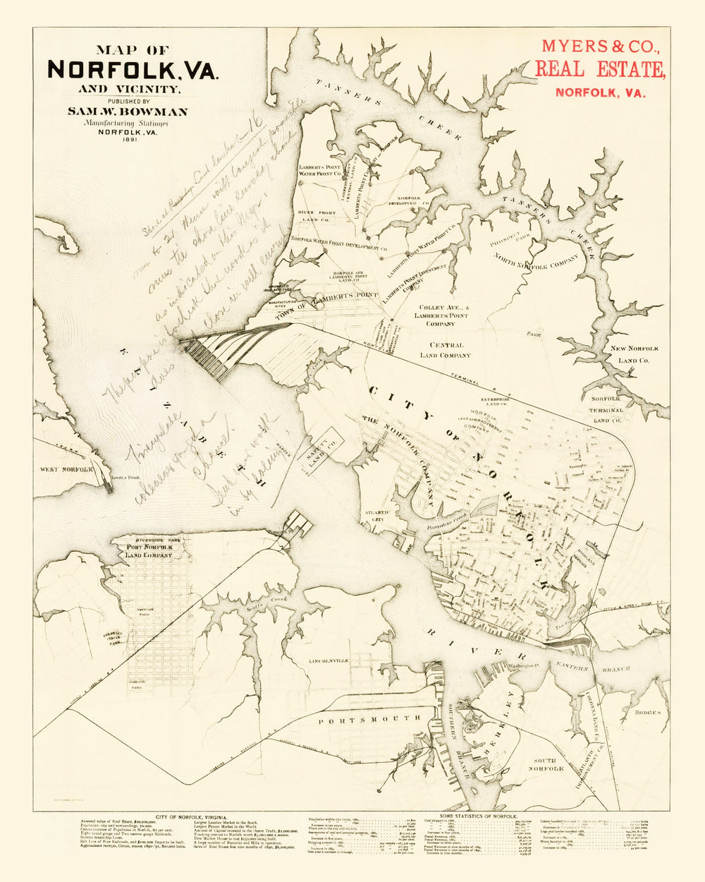 Vintage Map of Norfolk, Virginia 1891 print style example