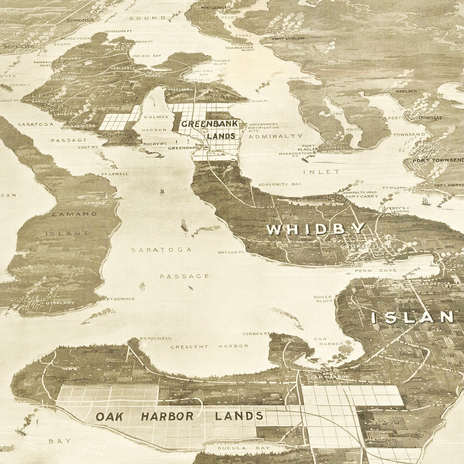 Restored historic details from the 1910 island map of Island County, Washington