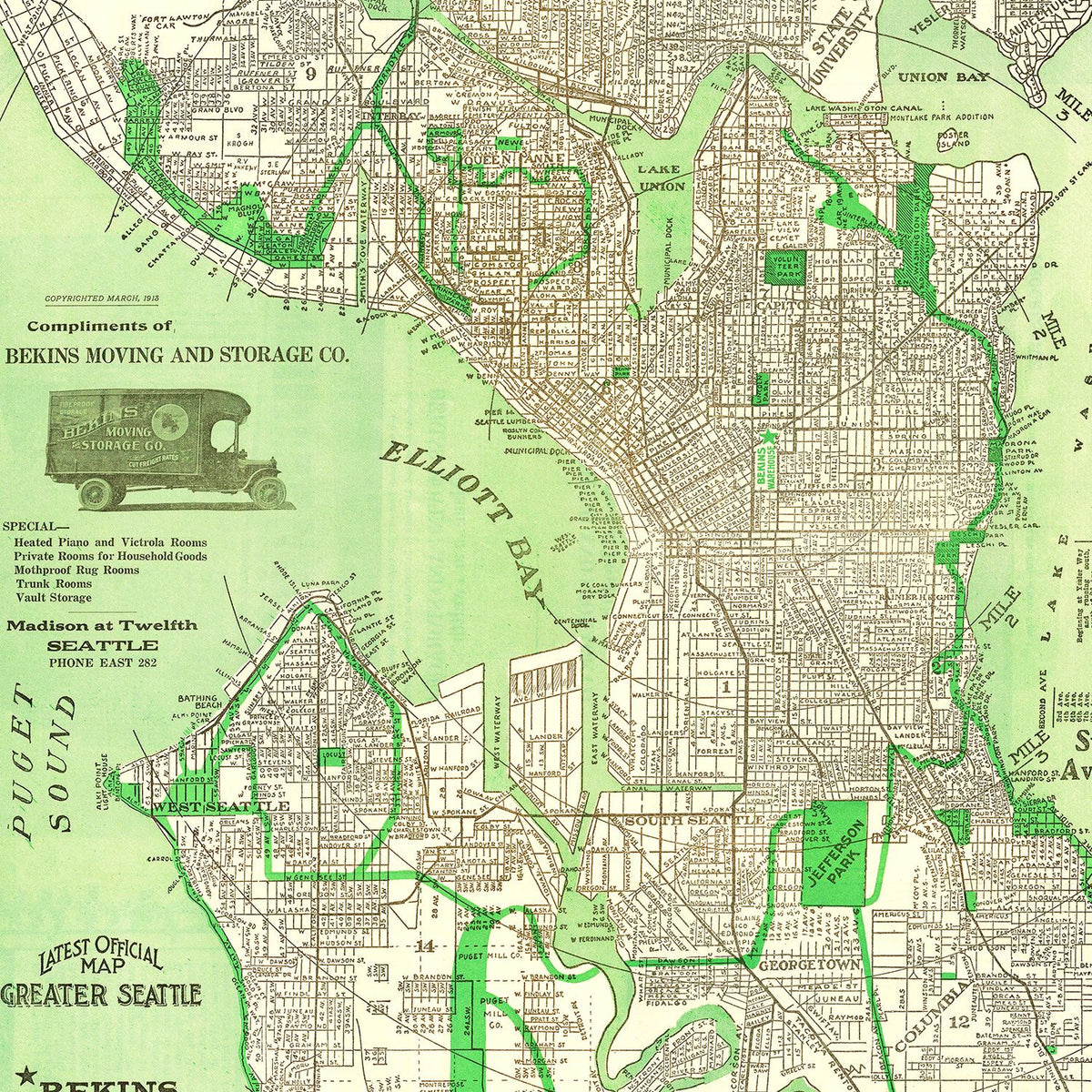 Restored historic details from the 1913 city map of Seattle, Washington