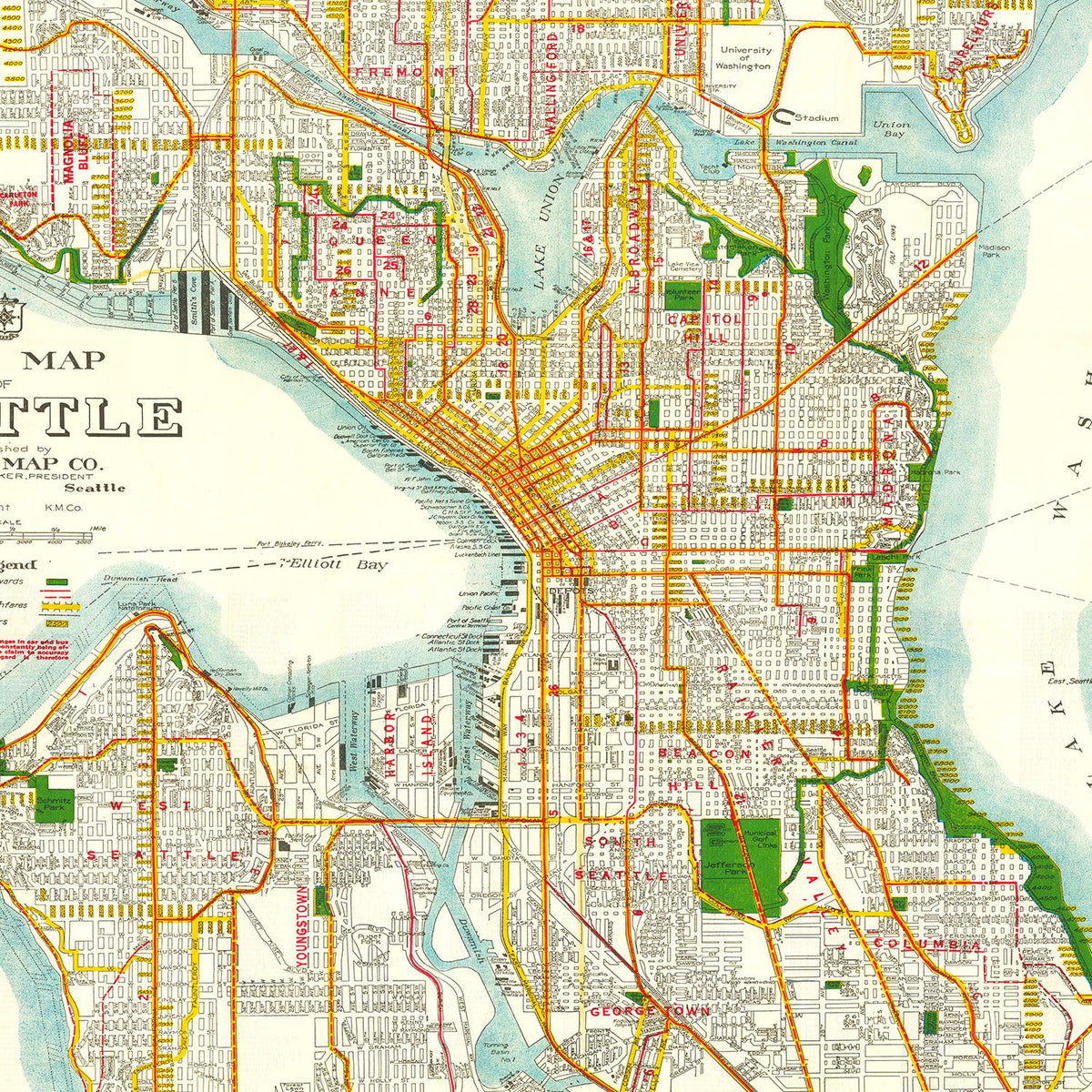 Restored historic details from the 1929 city map of Seattle, Washington