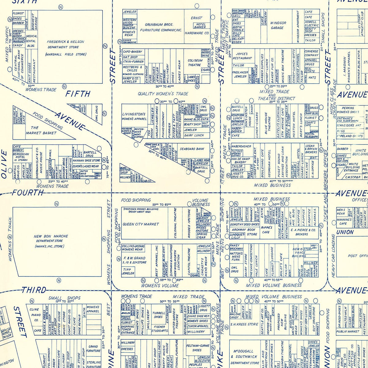 Restored historic details from the 1930 city map of Seattle, Washington