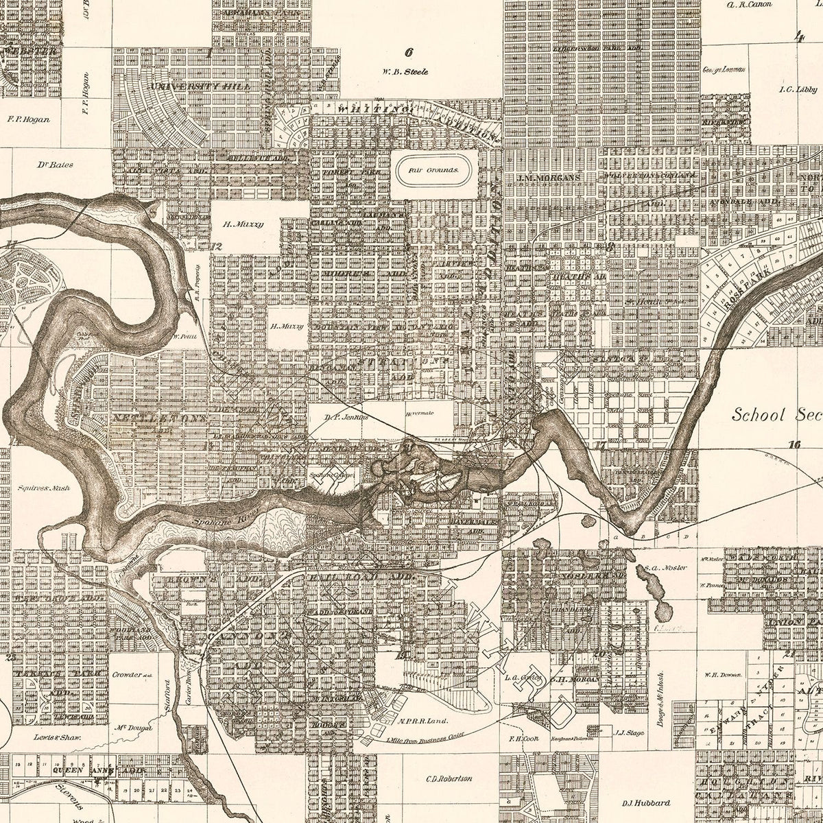 Restored historic details from the 1889 city map of Spokane Falls, Washington