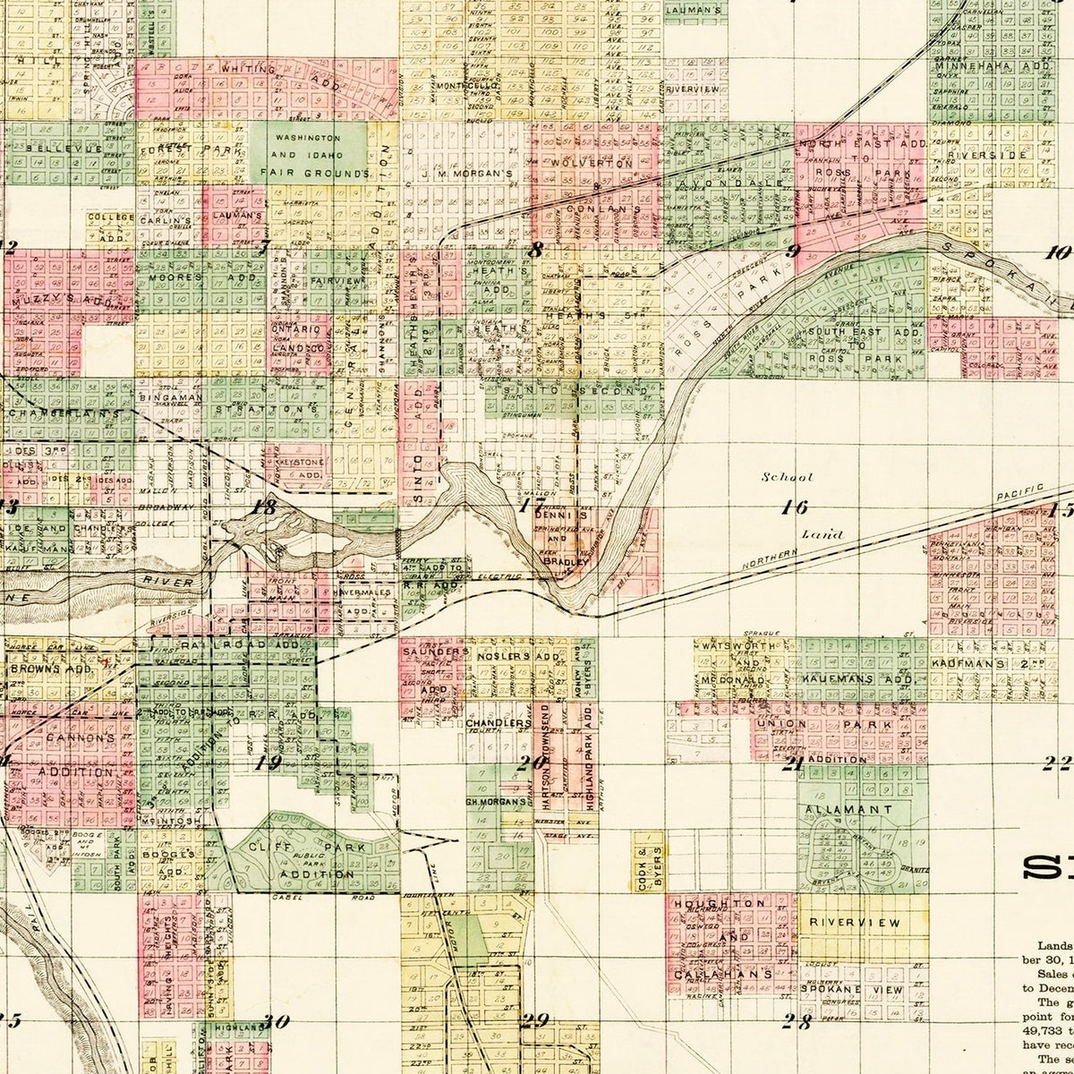 Restored historic details from the 1890 city map of Spokane Falls, Washington