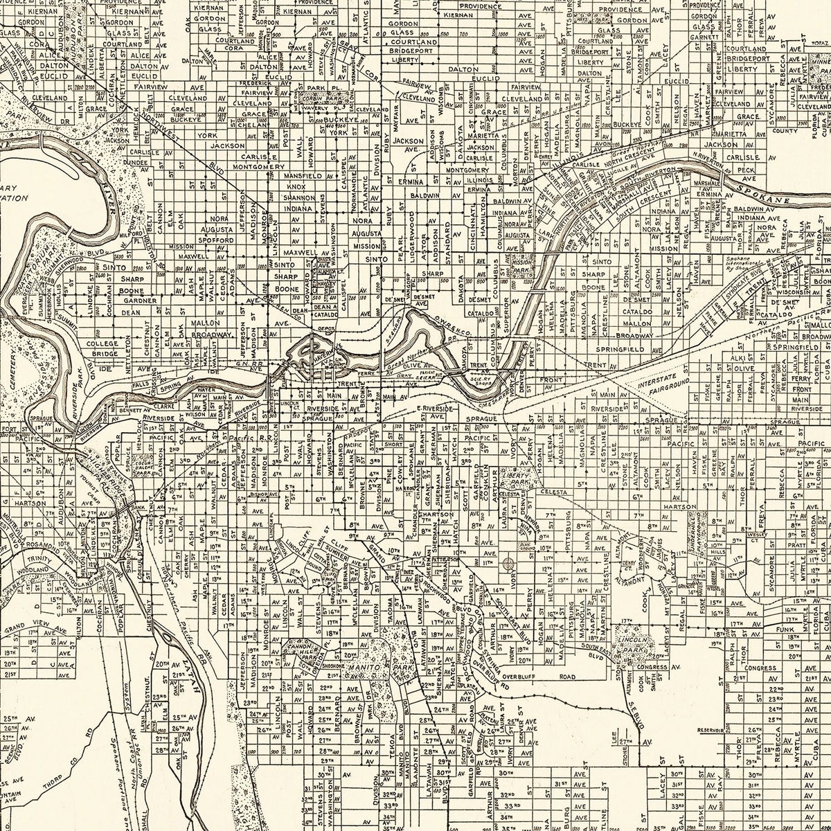 Restored historic details from the 1920 city map of Spokane, Washington