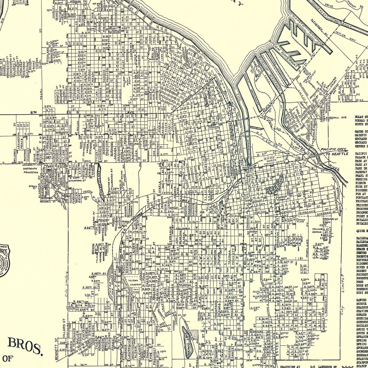 Restored historic details from the 1920 city map of Tacoma, Washington
