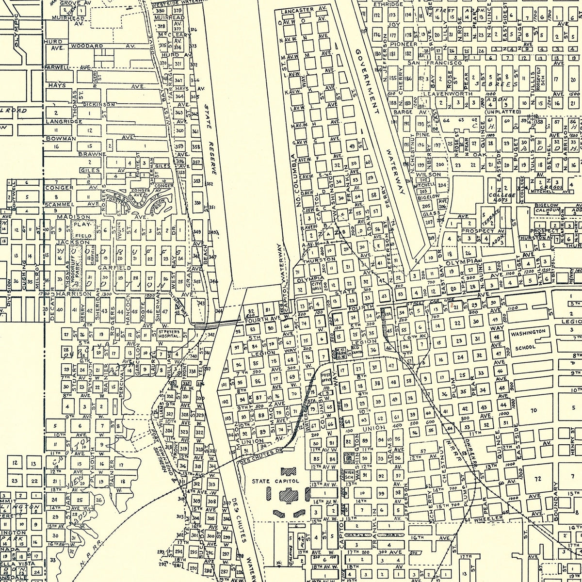 Restored historic details from the 1920 city map of Olympia, Washington