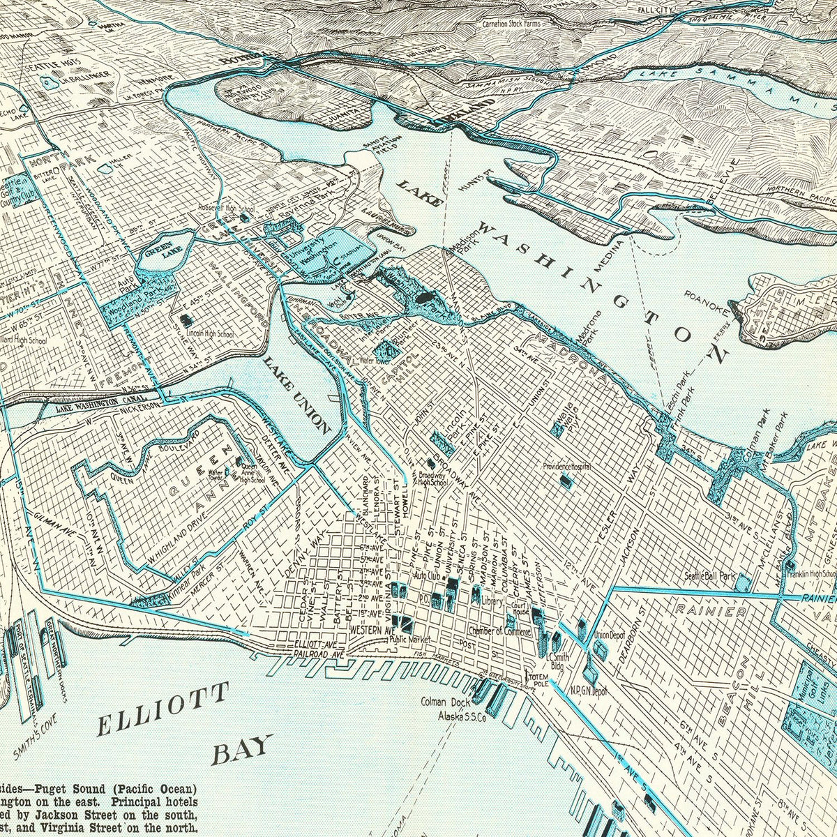 Restored historic details from the 1925 city map of Seattle, Washington