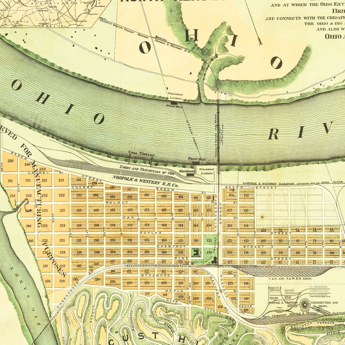 Restored historic details from the 1890 city map of Kenova, West Virginia