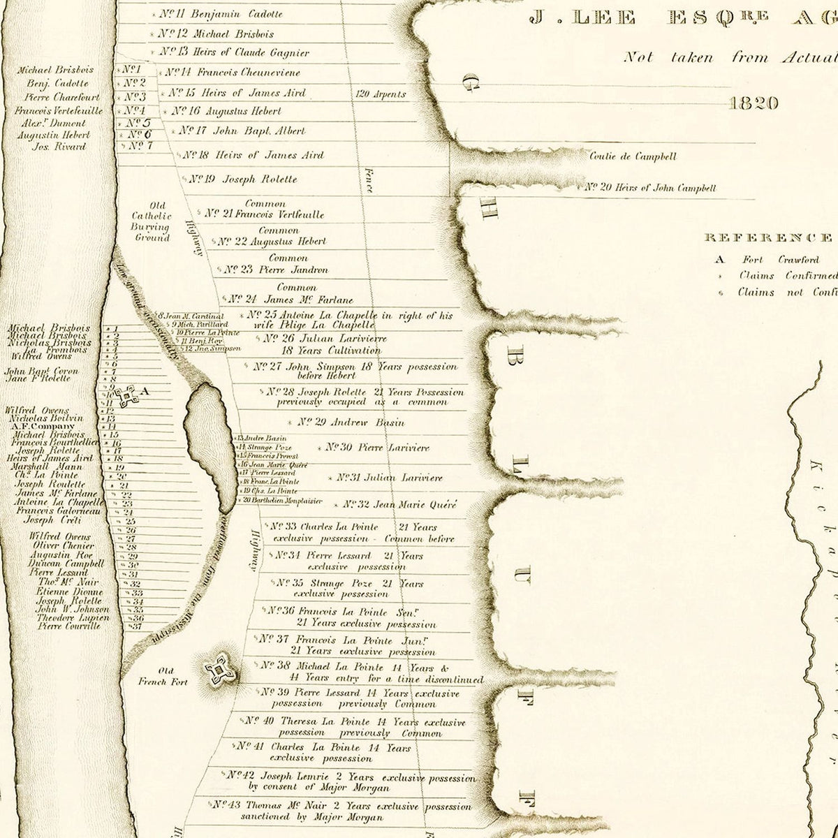 Restored historic details from the 1834 city map of Prairie des Chiens, Wisconsin