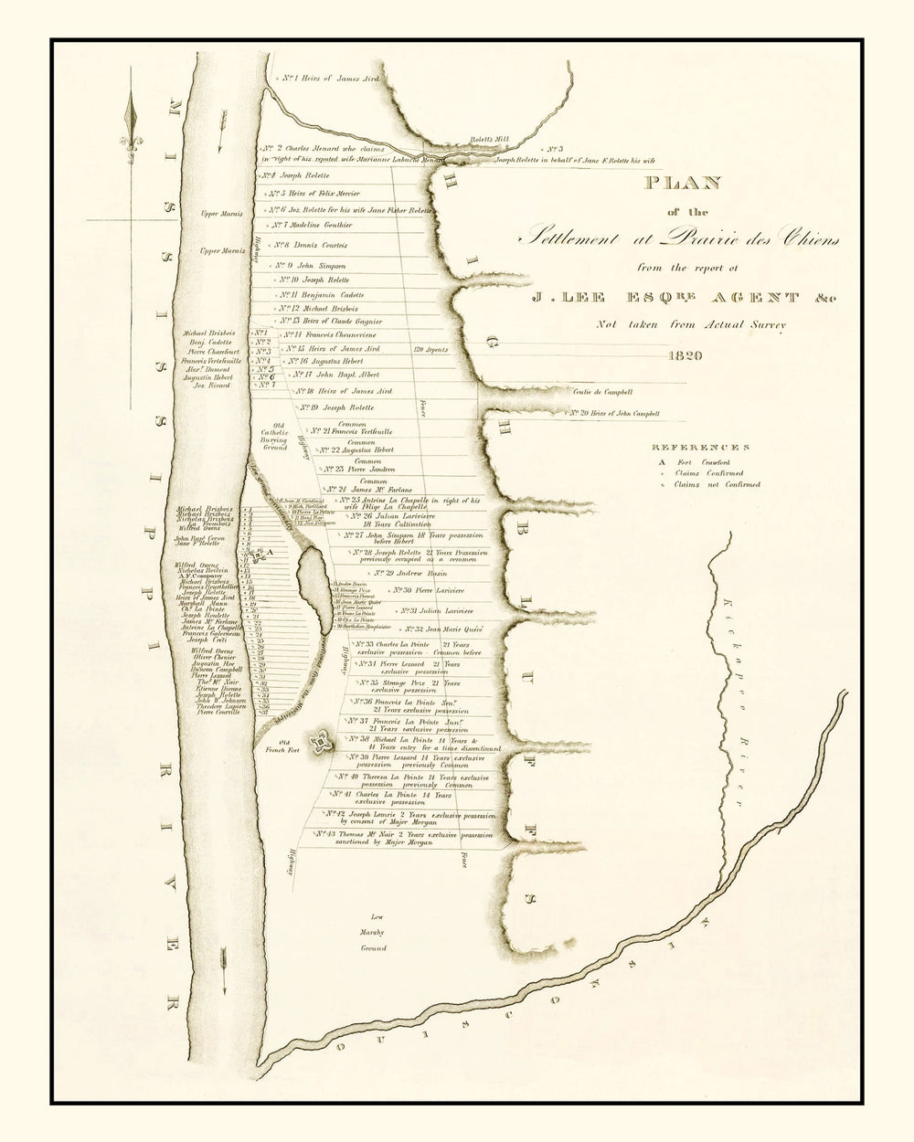 Vintage Map of Prairie des Chiens, Wisconsin 1834 print style example