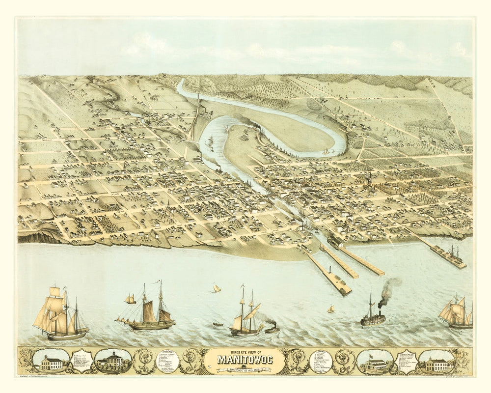 Vintage Map of Manitowac, Wisconsin 1868 print style example