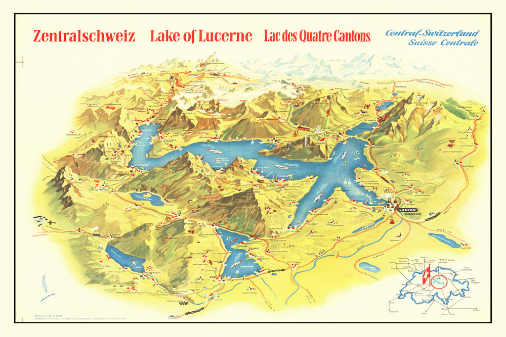 Vintage Map of Lake Lucerne, 1938 print style example