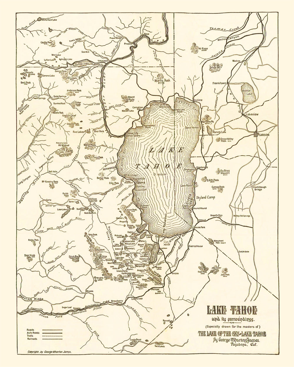 Vintage Map of Lake Tahoe, 1915 print style example