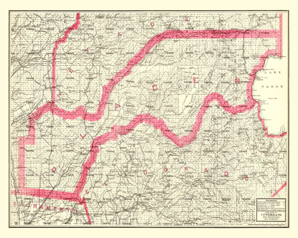 Vintage Map of Lake Tahoe, 1914 print style example
