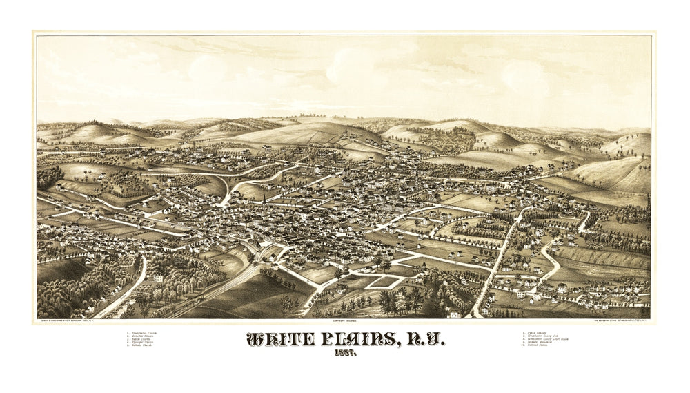 Vintage Map of White Plains, New York 1887 print style example