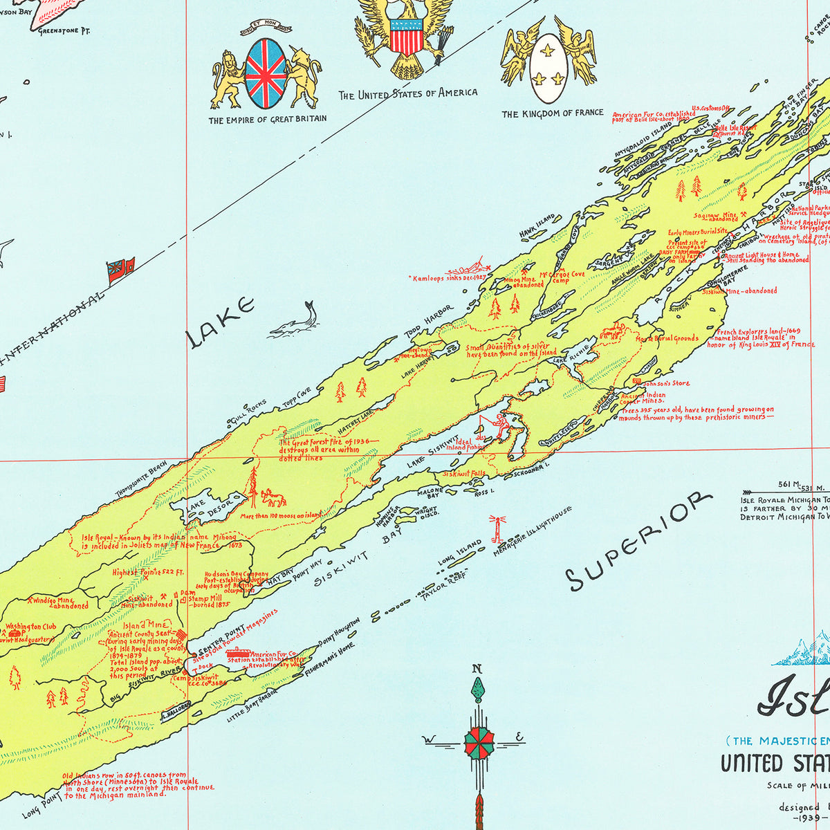 Restored historic details from the 1939 island map of Keweenaw County, Michigan