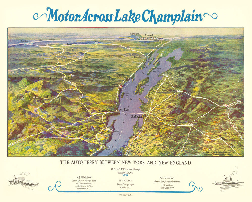 Vintage Map of Lake Champlain, 1932 print style example
