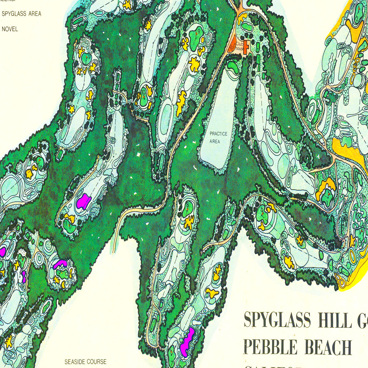 Restored historic details from the 1974 misc. attraction map of Pebble Beach, California