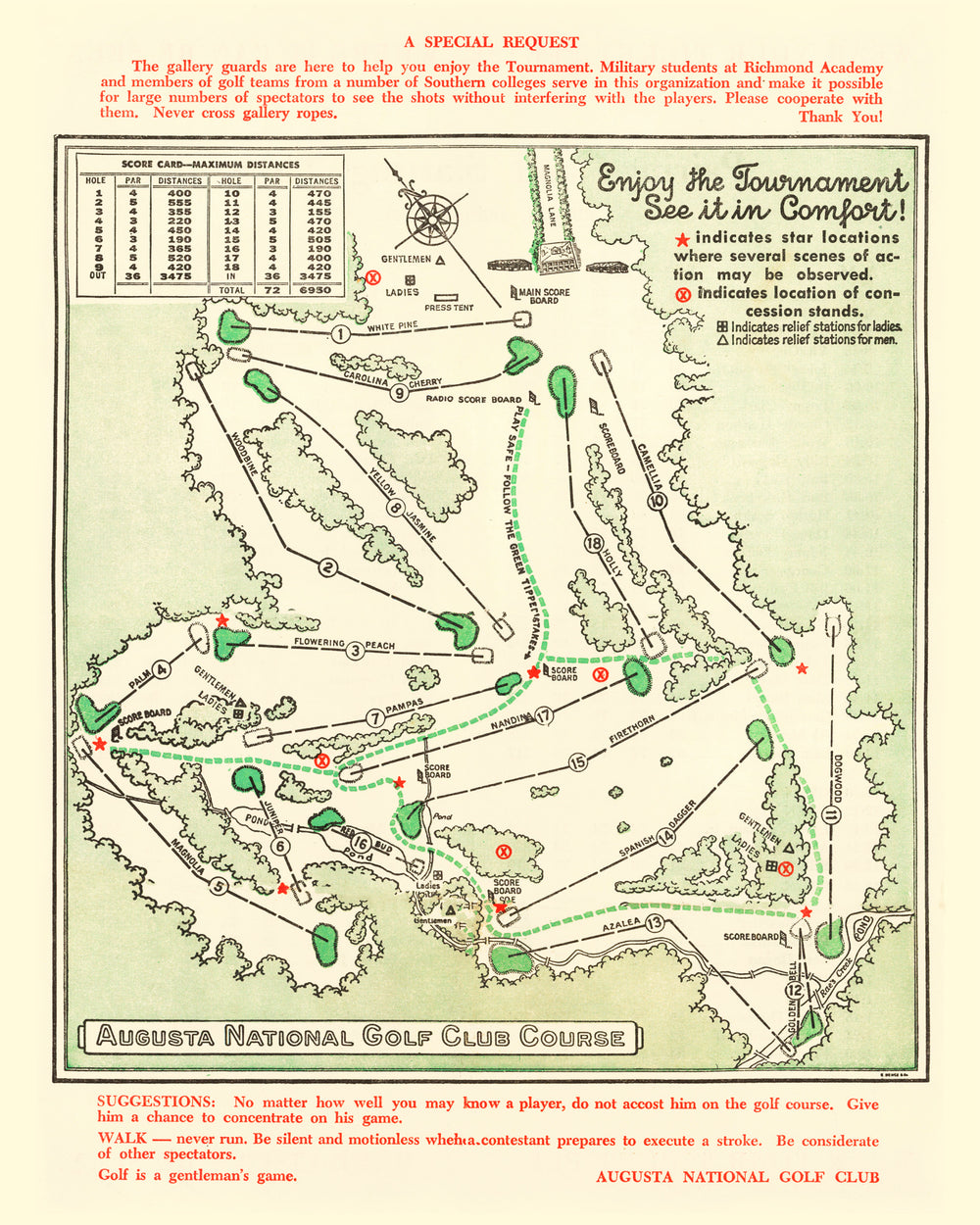 Vintage Map of Augusta National Golf Course, 1954 print style example