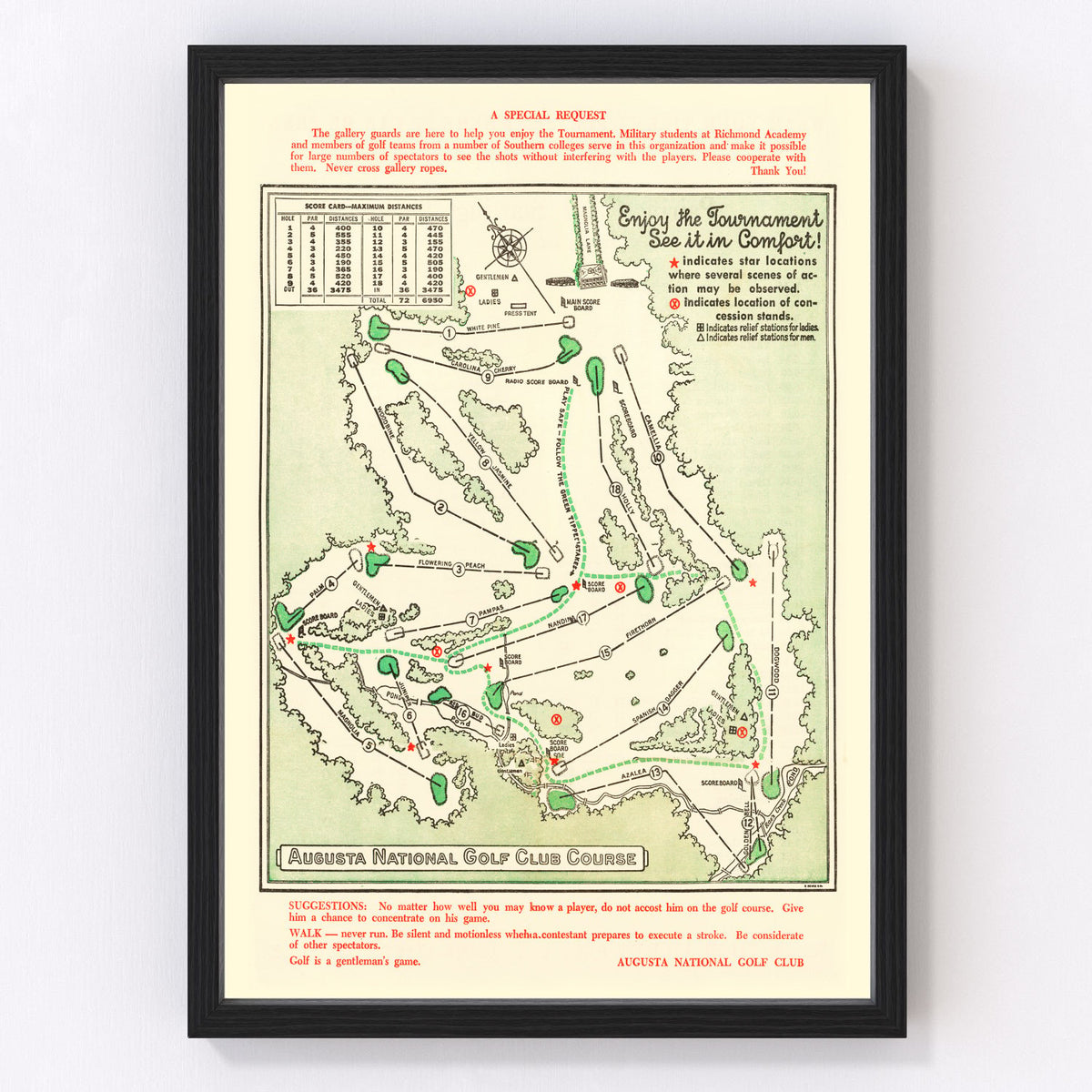 Augusta National Golf Course Vintage Map 1954