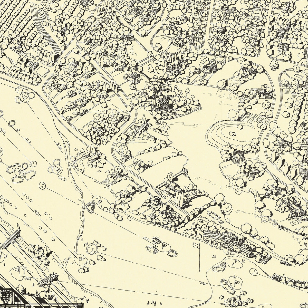 Restored historic details from the 1936 misc. attraction map of Los Angeles, California