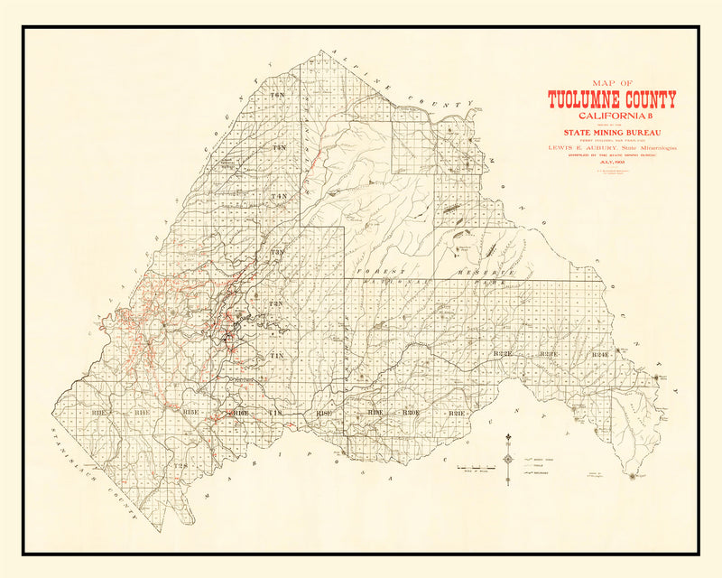 Size comparison using Vintage Map of Tuolomne County, California 1904