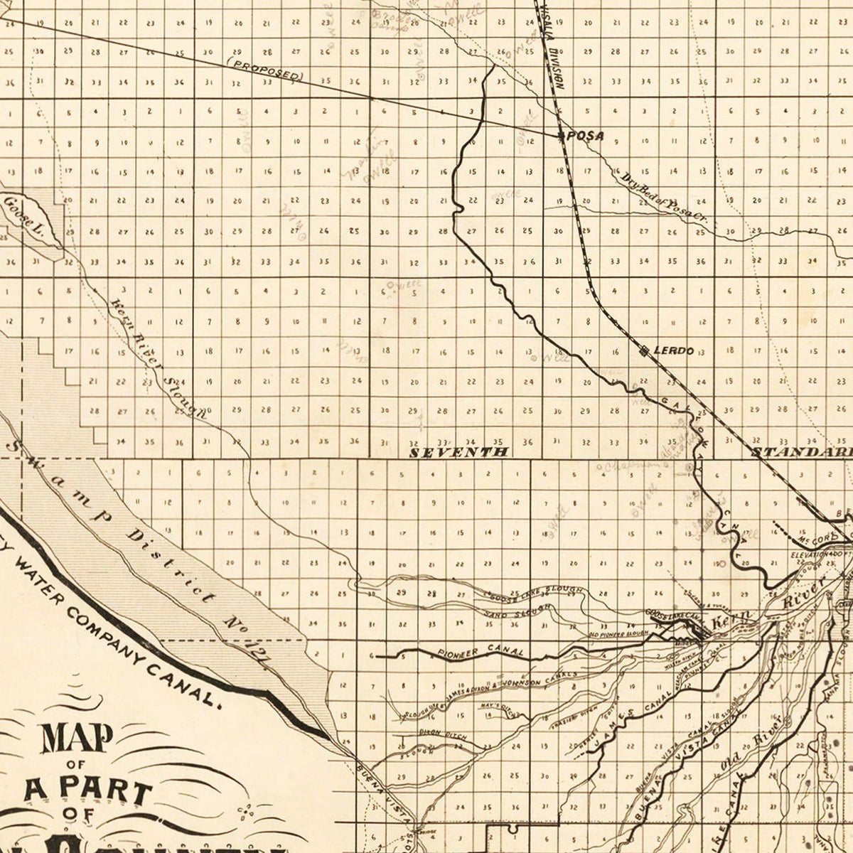 Restored historic details from the 1877 county map of Kern County, California