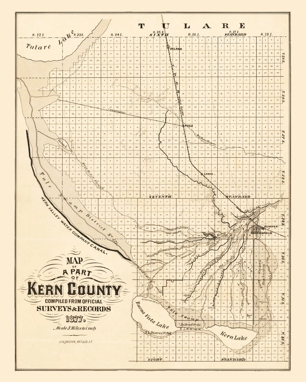 Vintage Map of Kern County, California 1877 print style example
