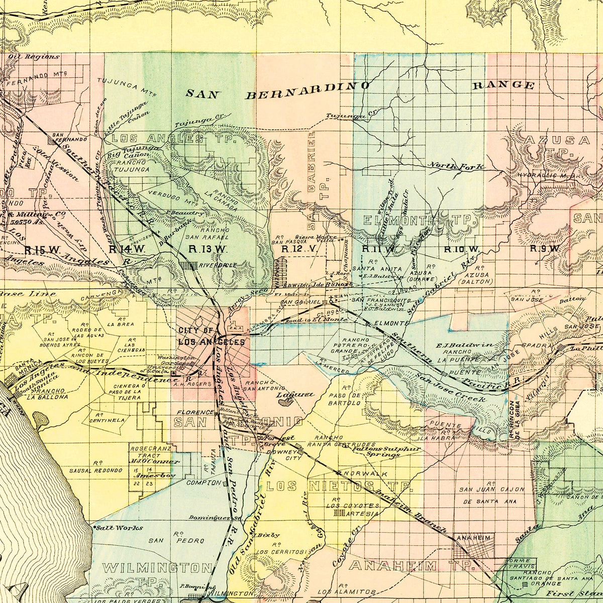 Restored historic details from the 1880 county map of Los Angeles County, California
